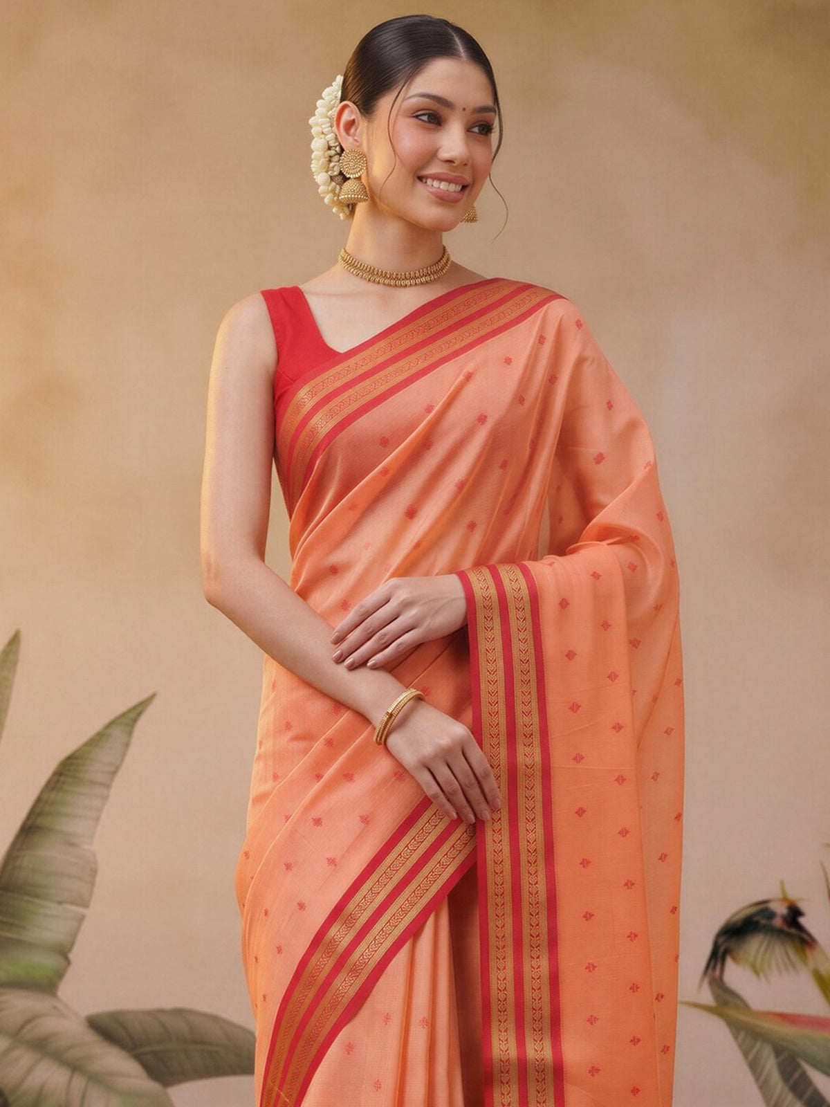 Peach cotton blend saree view 4