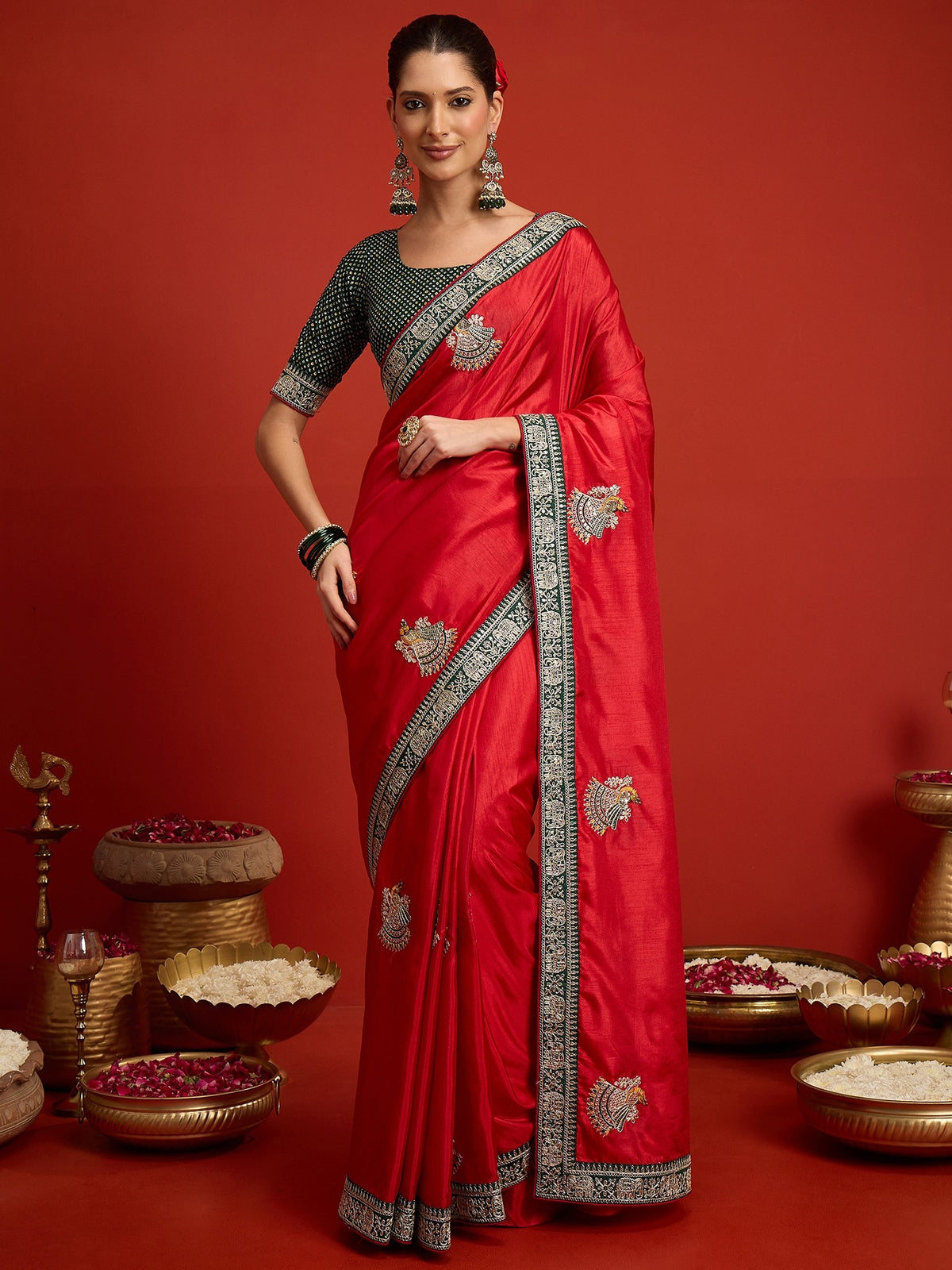 Red embroidered dola silk saree with green blouse piece
