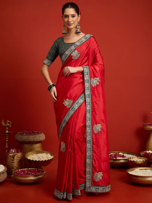 Red embroidered dola silk saree with green blouse piece