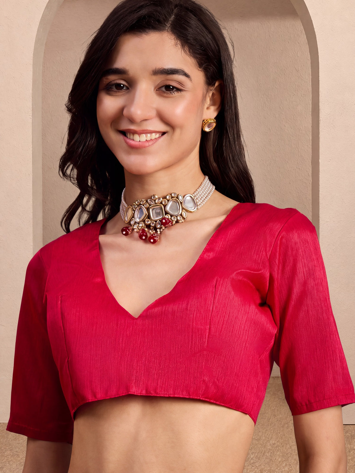 Unstitched pink silk blend blouse piece with solid design