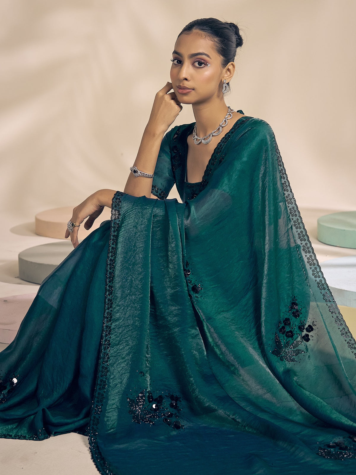 Teal satin silk saree view 3