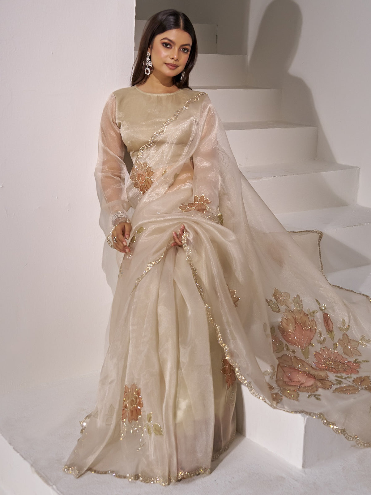 Champagne organza saree view 1