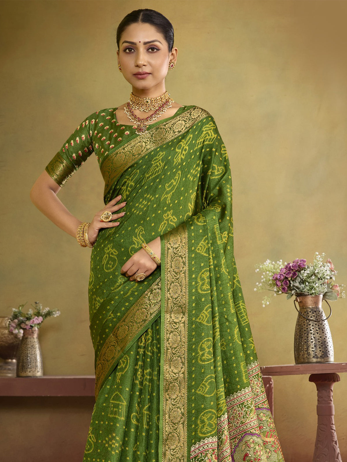 Olive tussar silk saree view 5