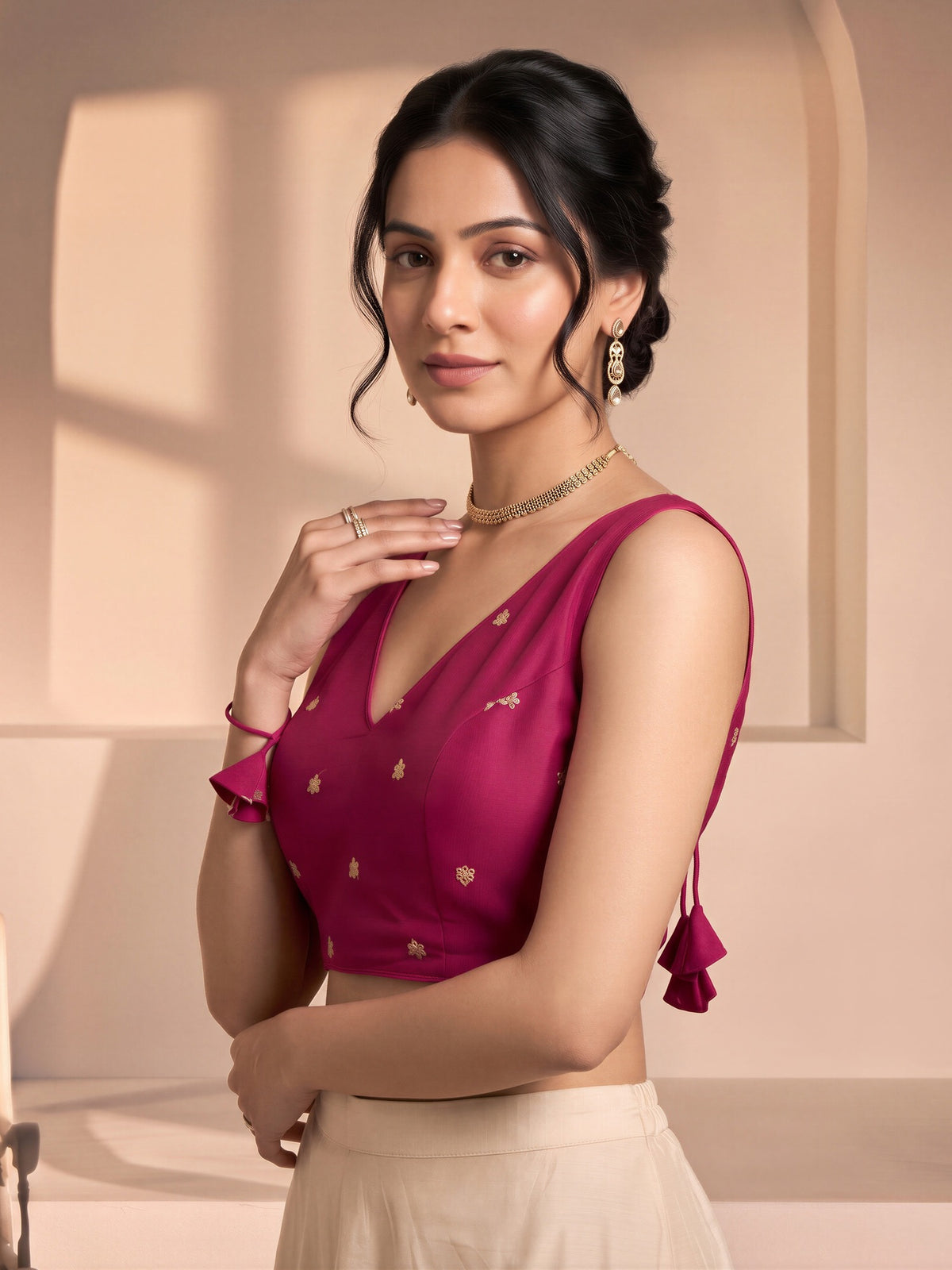 Pink sequin embellished vichitra silk sleeveless readymade saree blouse with v neck view 3