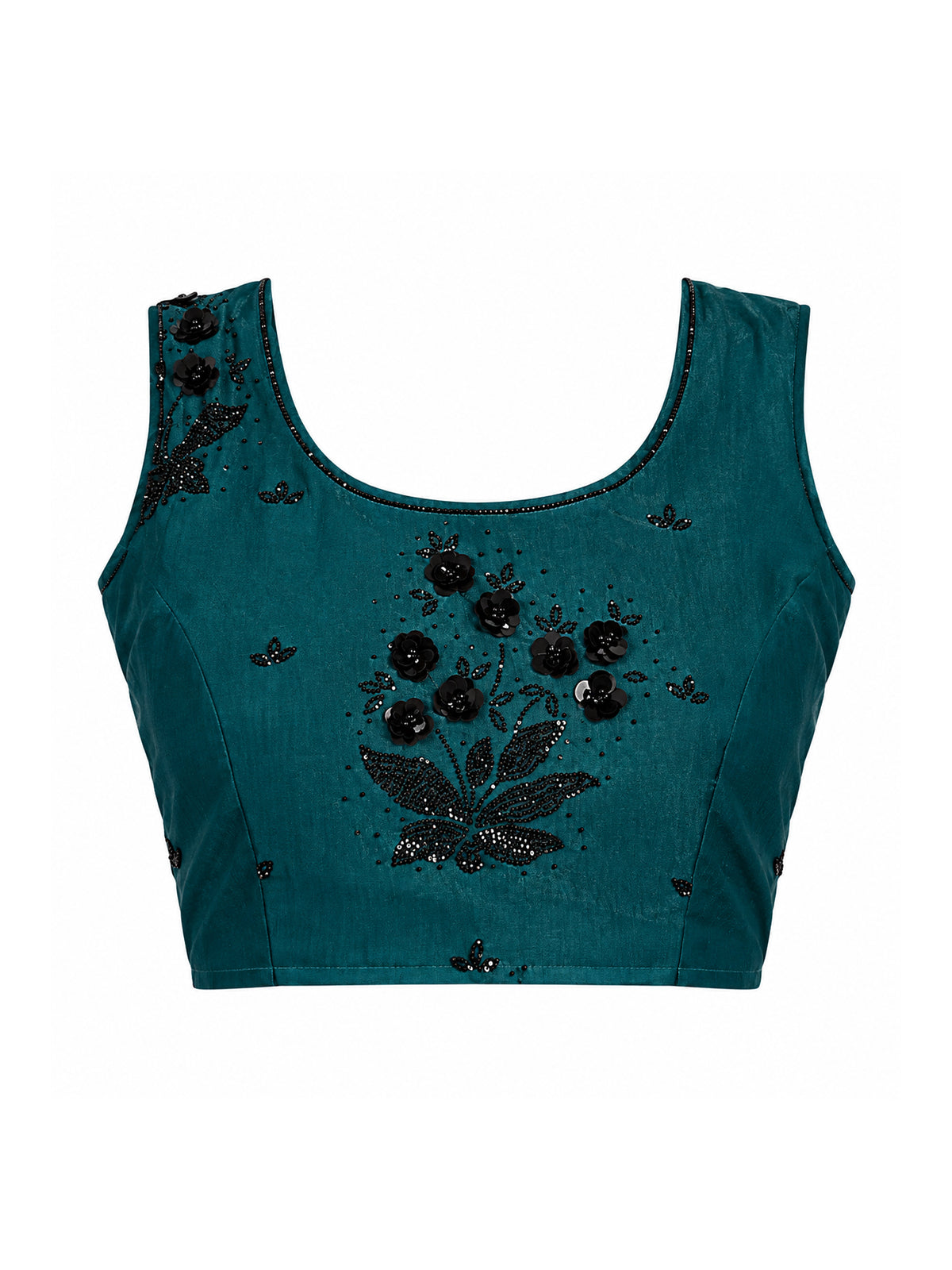 Unstitched teal satin silk blouse piece with embellished design