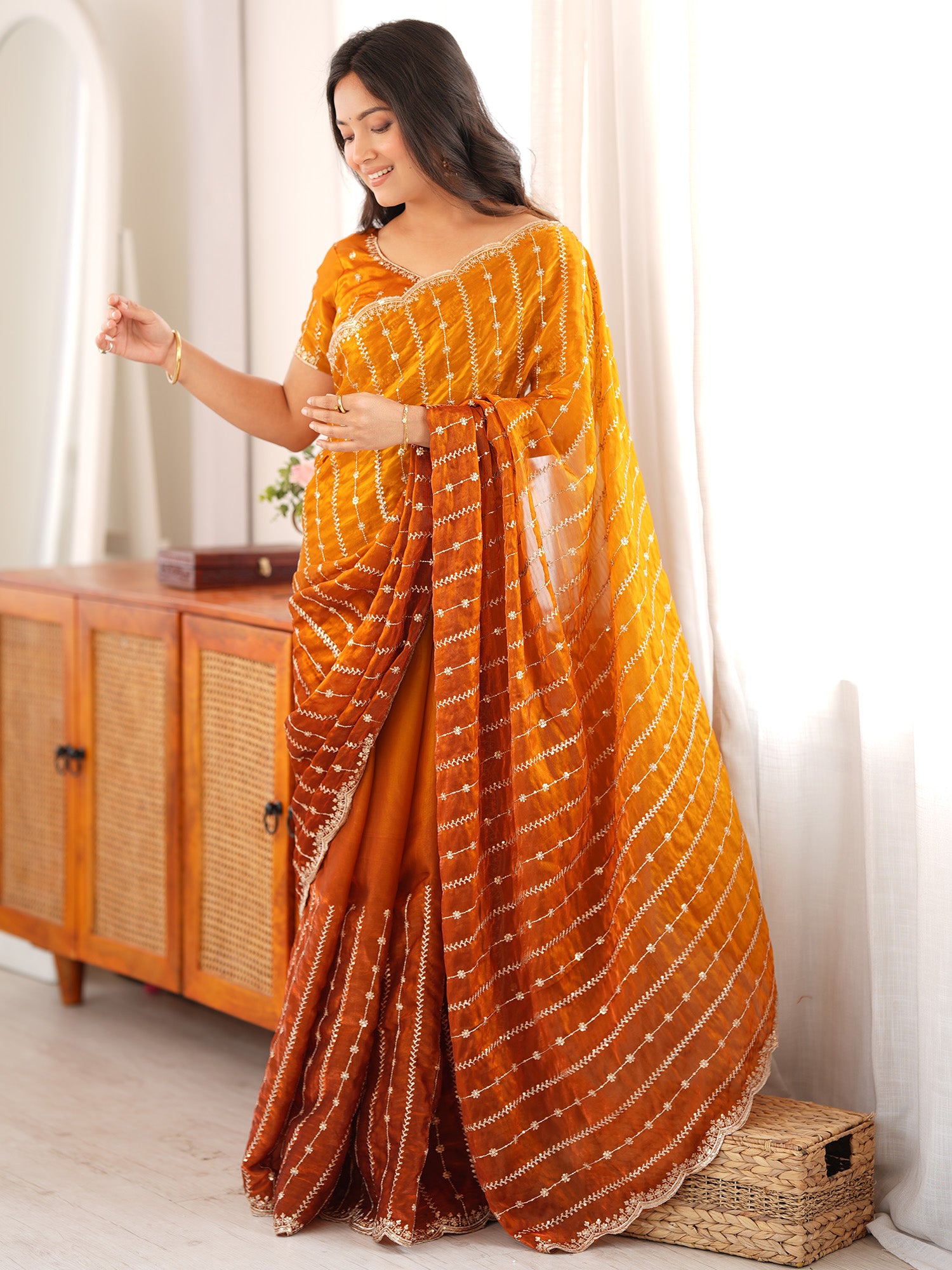 Mustard Satin saree – detail view 2