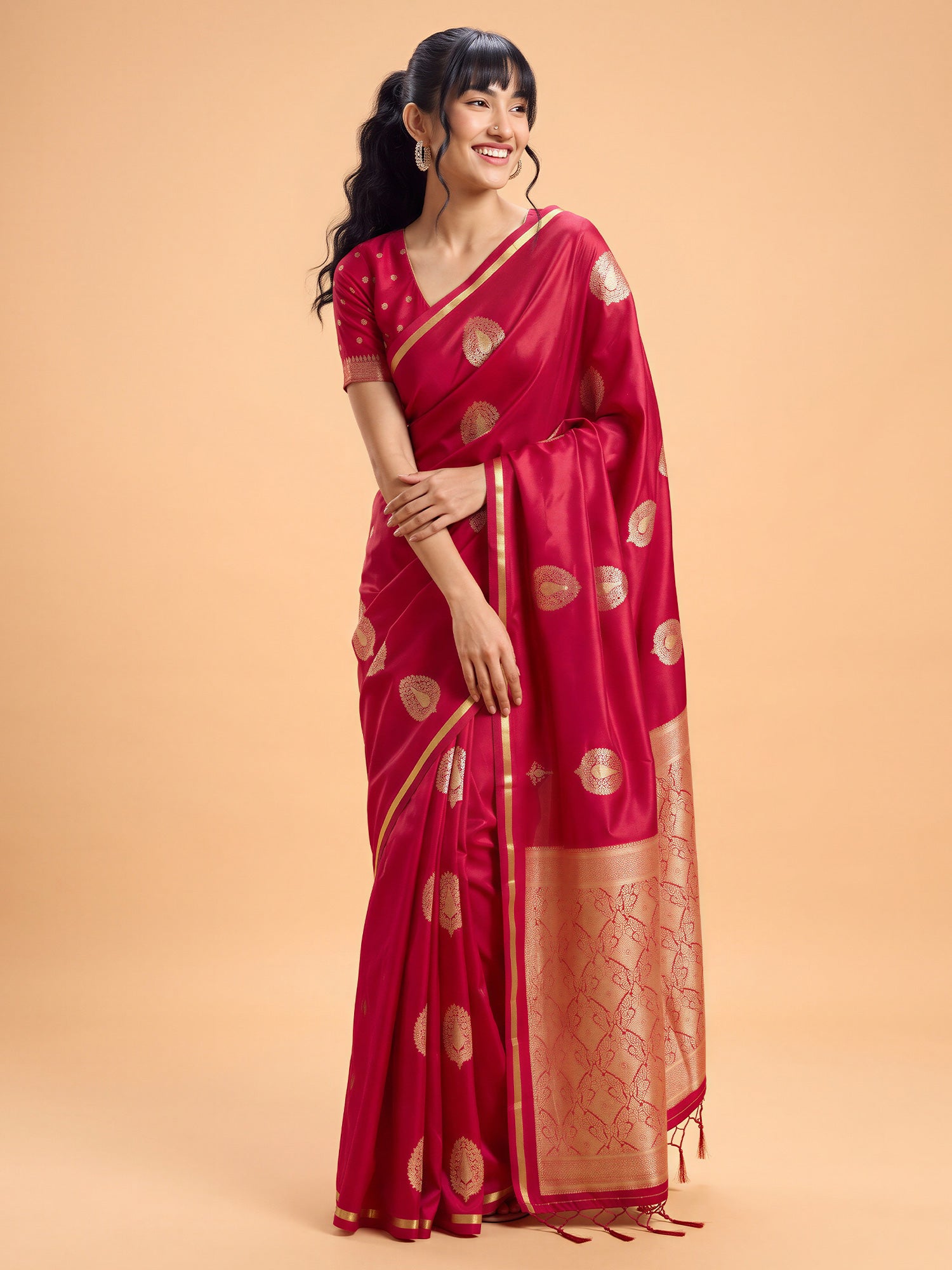 Red Satin Silk saree – detail view 3