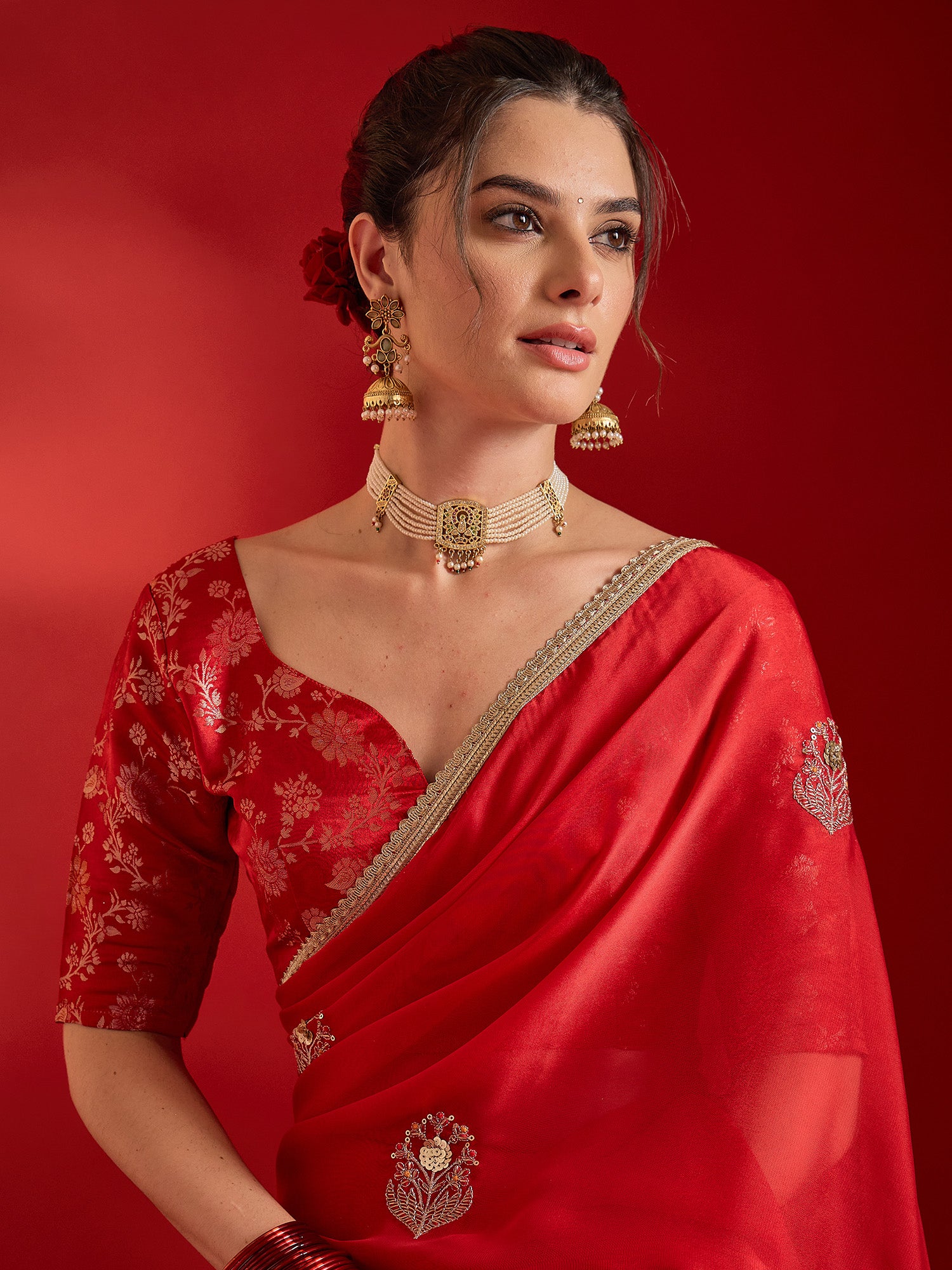 Red Pure Georgette saree – detail view 4