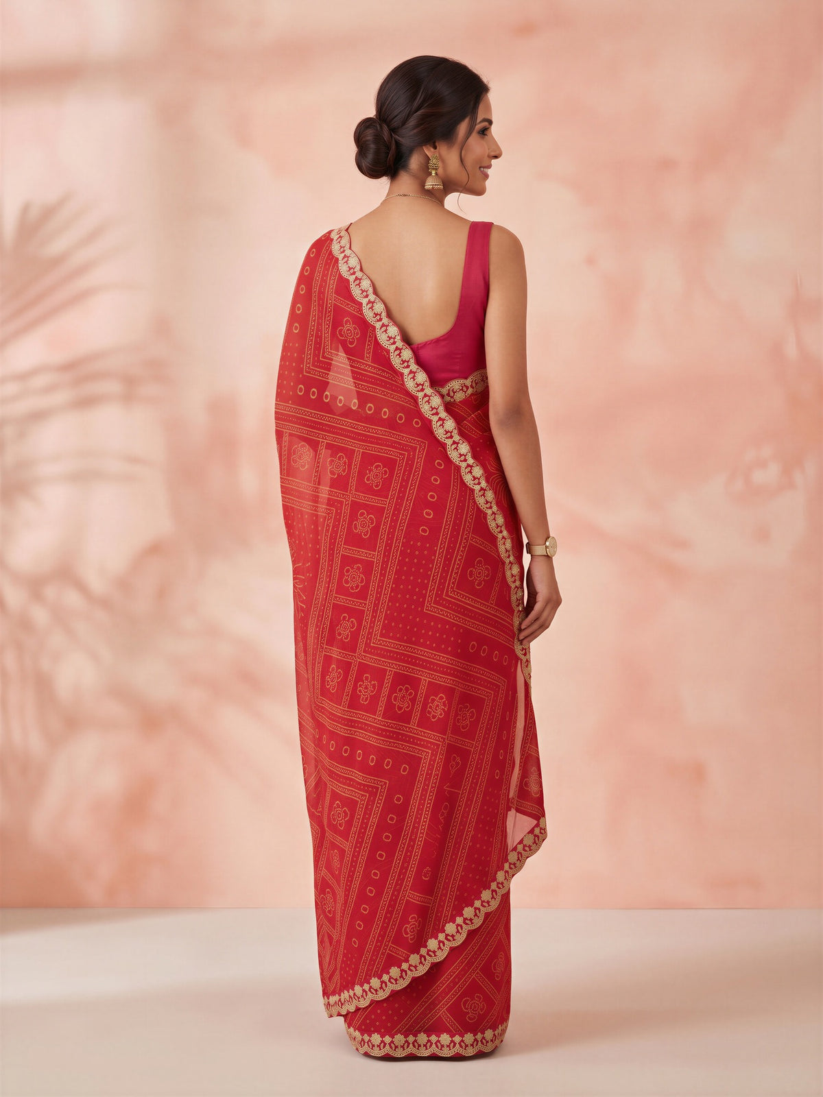 Red Georgette saree – detail view 1