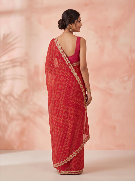 Red Georgette saree – detail view 1