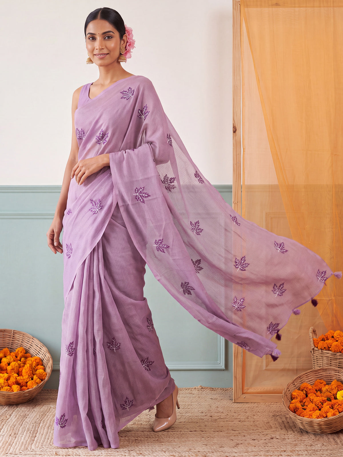 Lavender Kota Doria Cotton saree – detail view 3