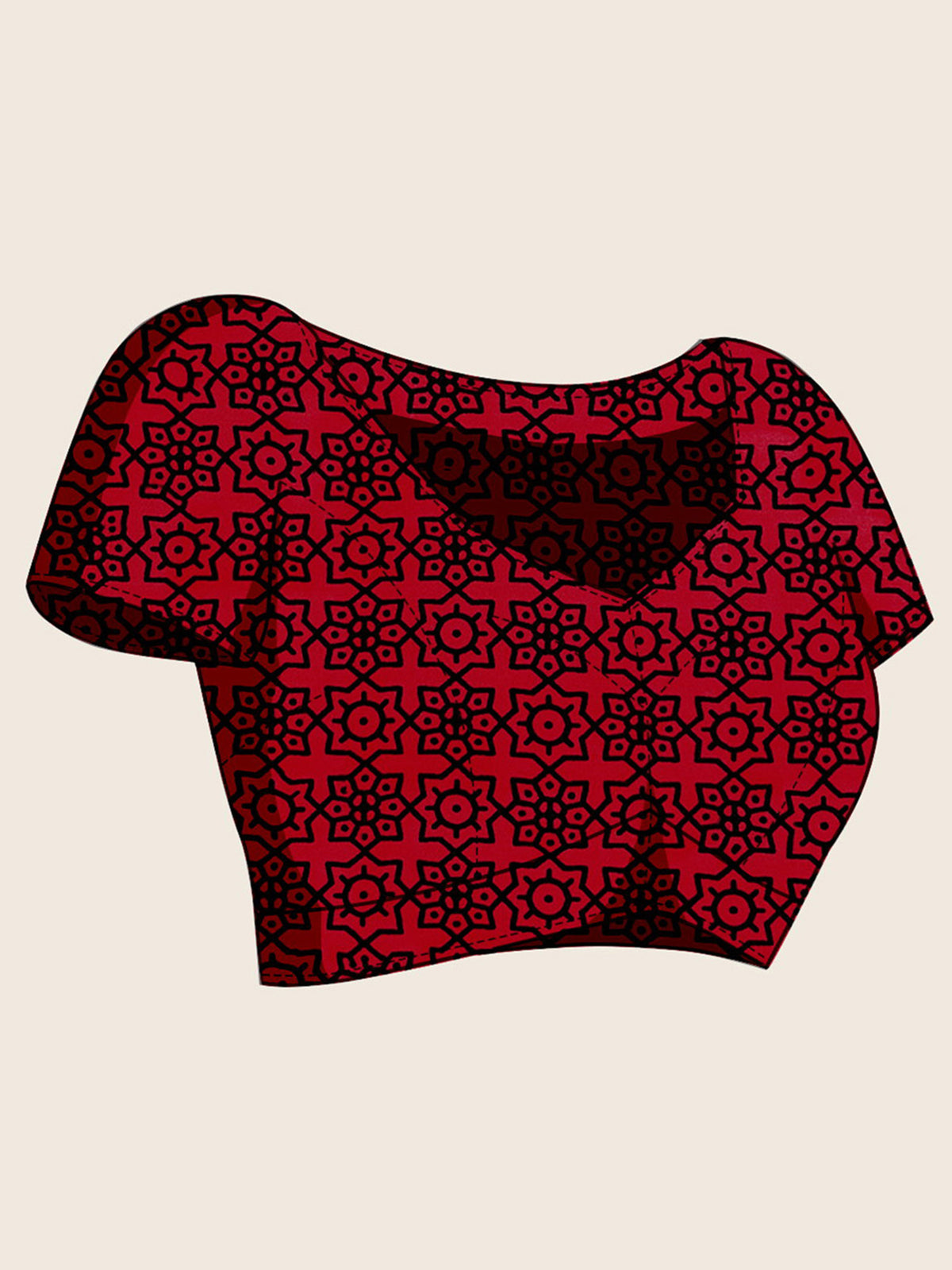 Unstitched red satin blouse piece with ajrak design