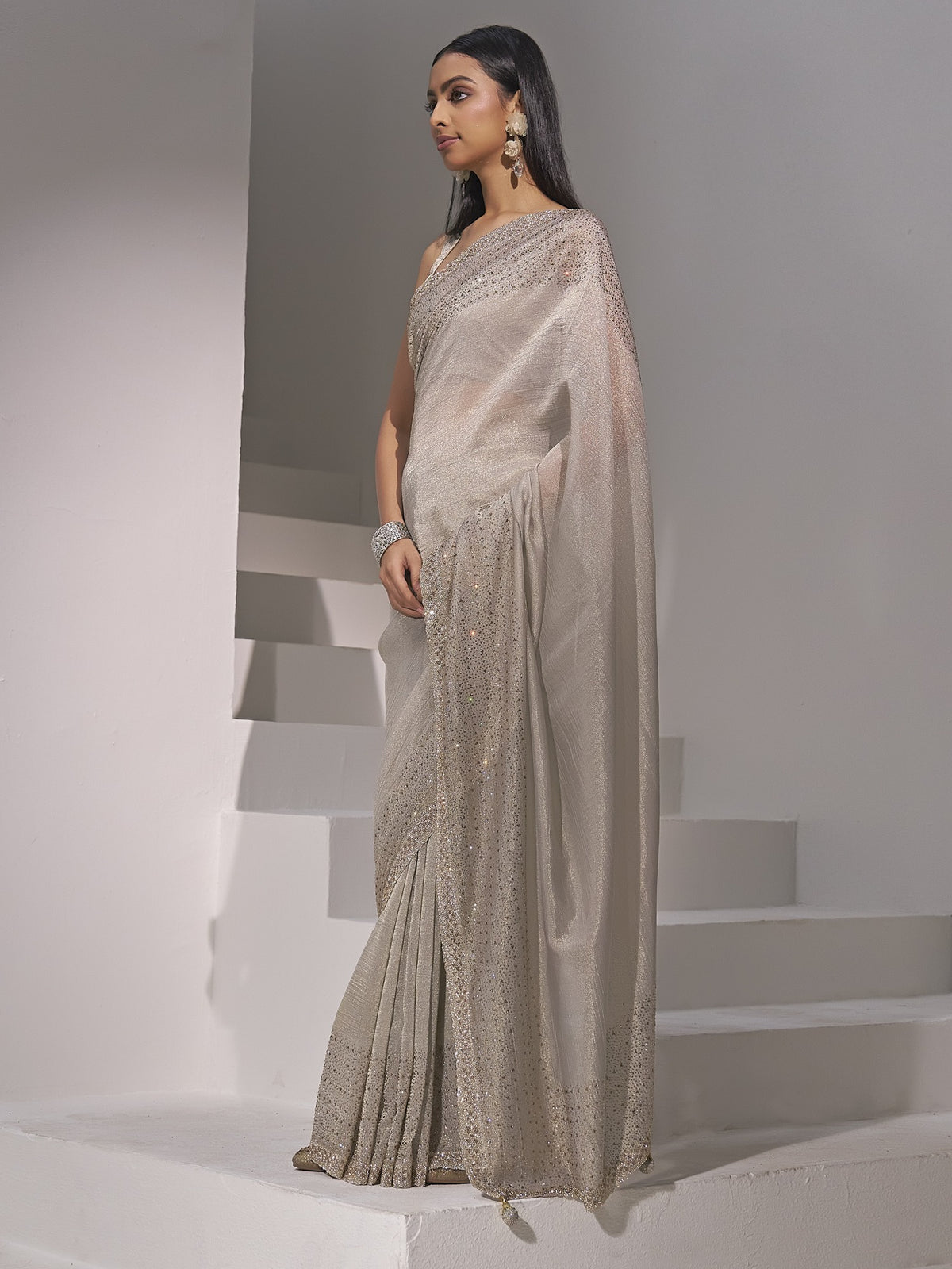 Silver pure silk saree view 1