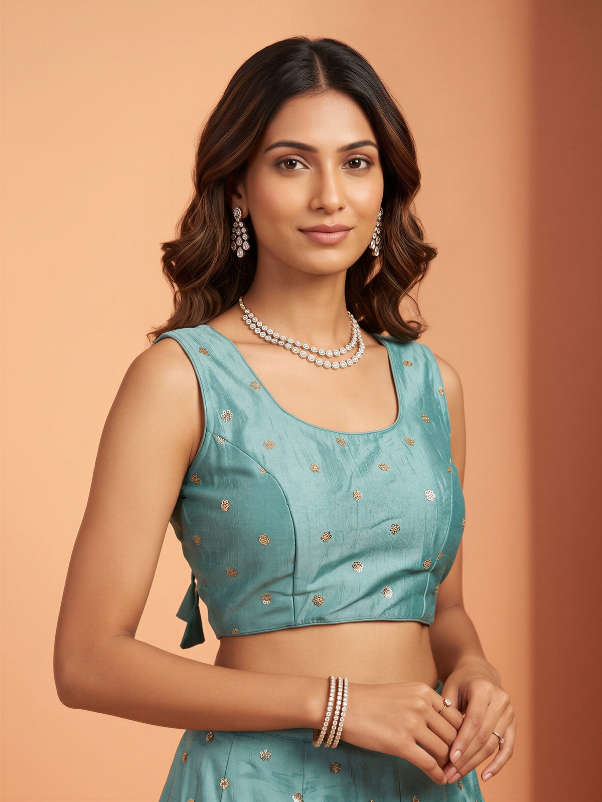 Light Blue sequin embellished chinnon sleeveless readymade saree blouse with round neck