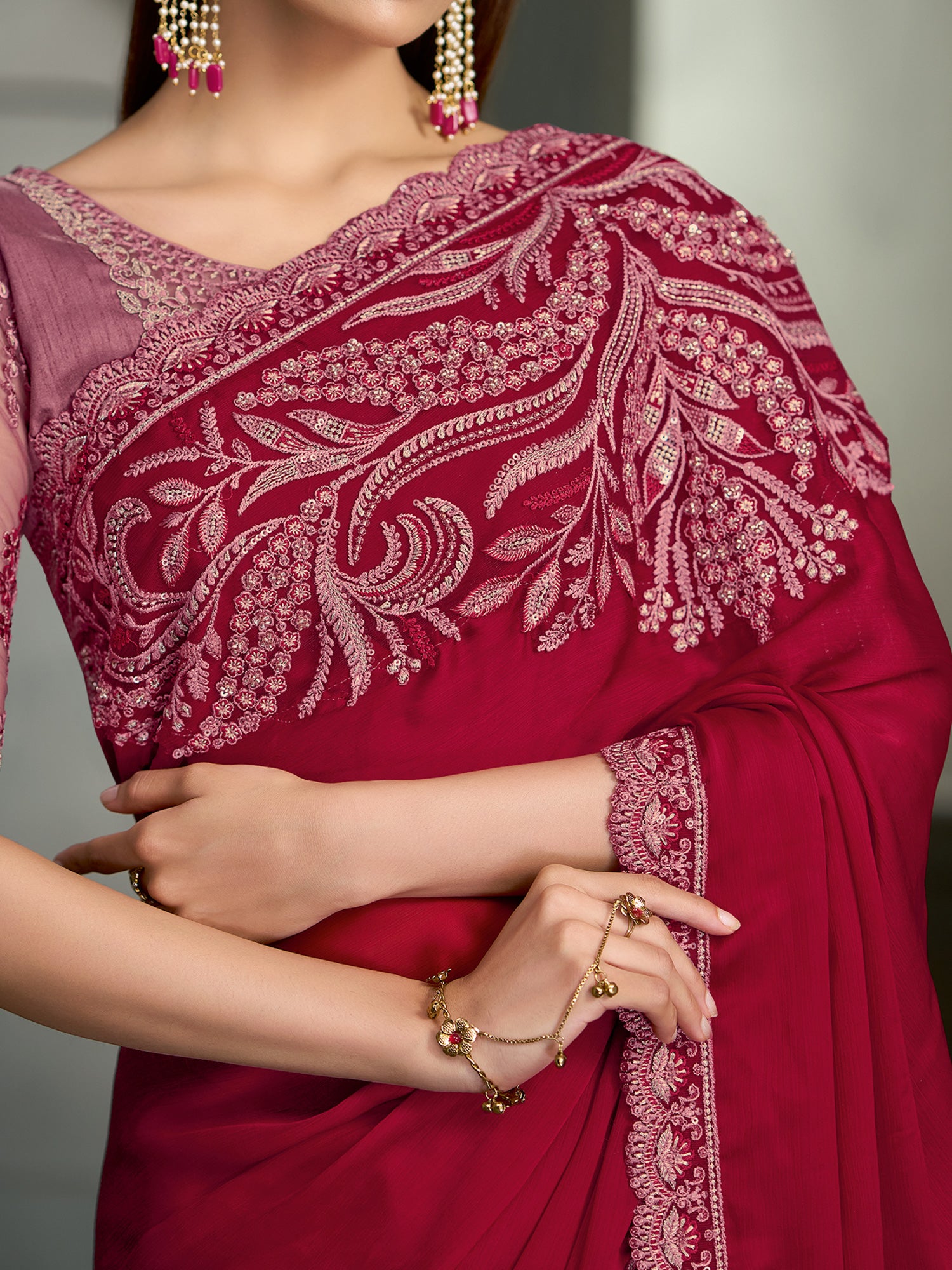 Red Satin Silk saree – detail view 3