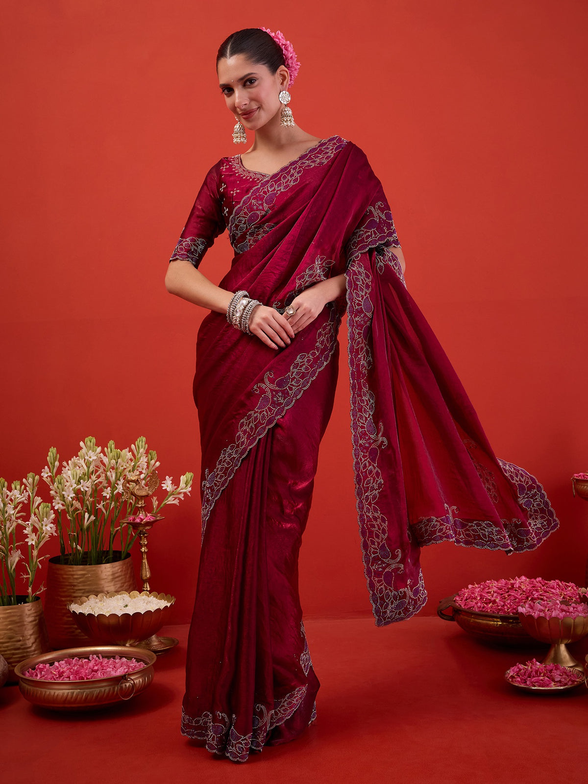 Magenta Satin saree – detail view 2