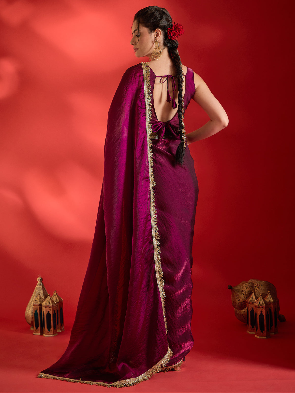 Wine Satin saree – detail view 1