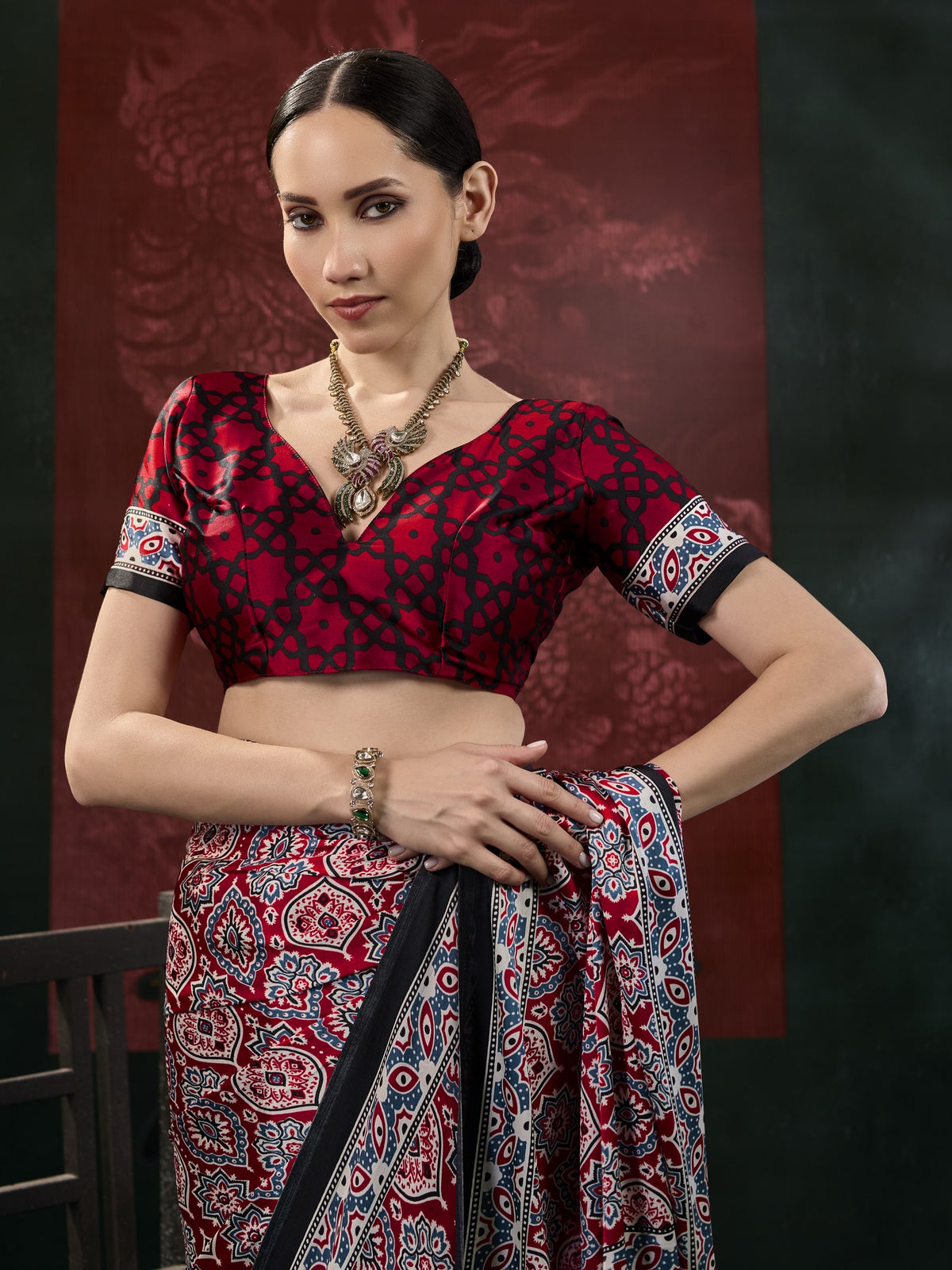 Maroon satin saree view 2