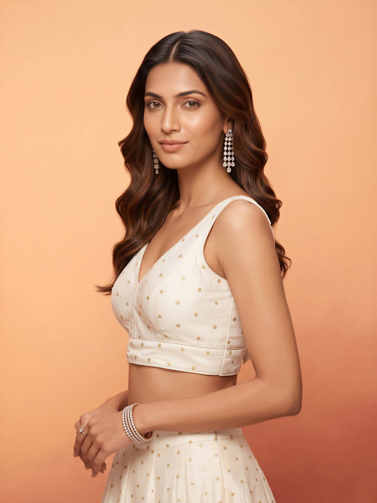 White sequin embellished silk blend sleeveless readymade saree blouse with v neck view 2