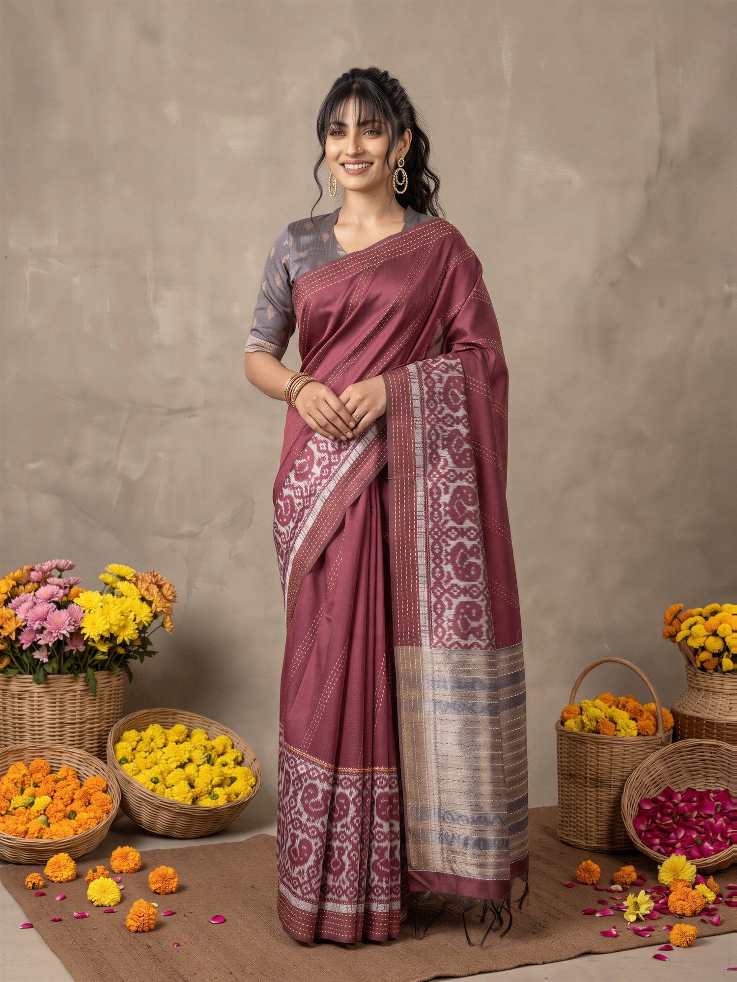 Woman wearing burgundy silk cotton saree with ikat resist-dyed pattern and grey blouse