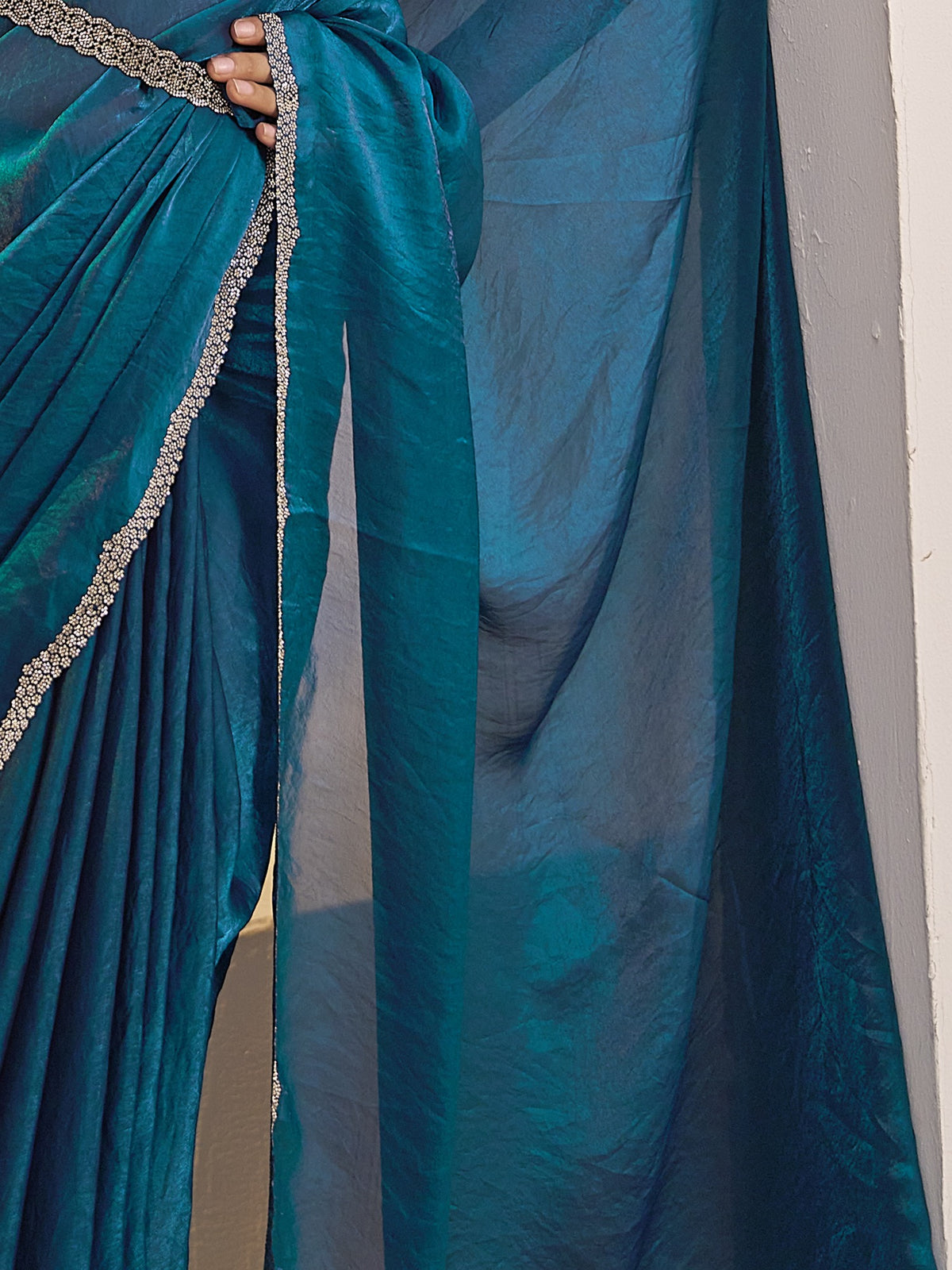 Teal Blue satin silk saree view 6