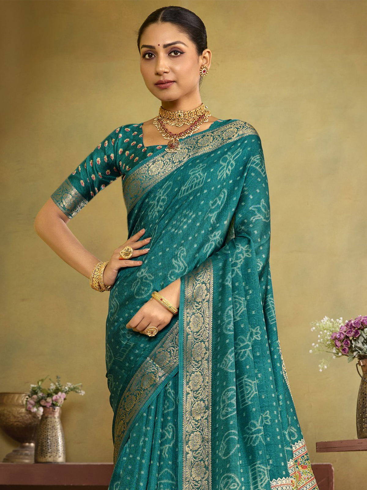 Teal Green tussar silk saree view 5