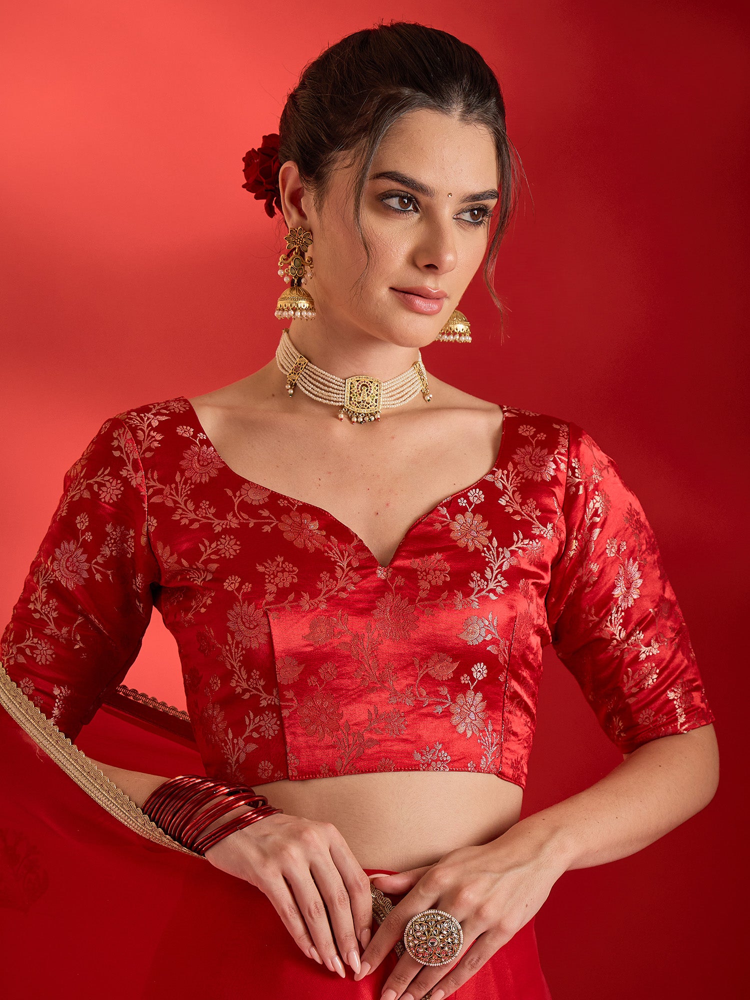 Unstitched red pure georgette blouse piece with woven design design