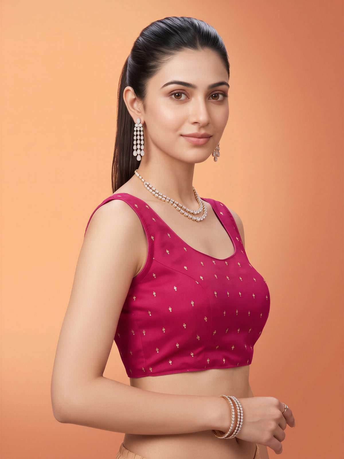 Pink sequin embellished silk blend sleeveless readymade saree blouse with round neck view 2
