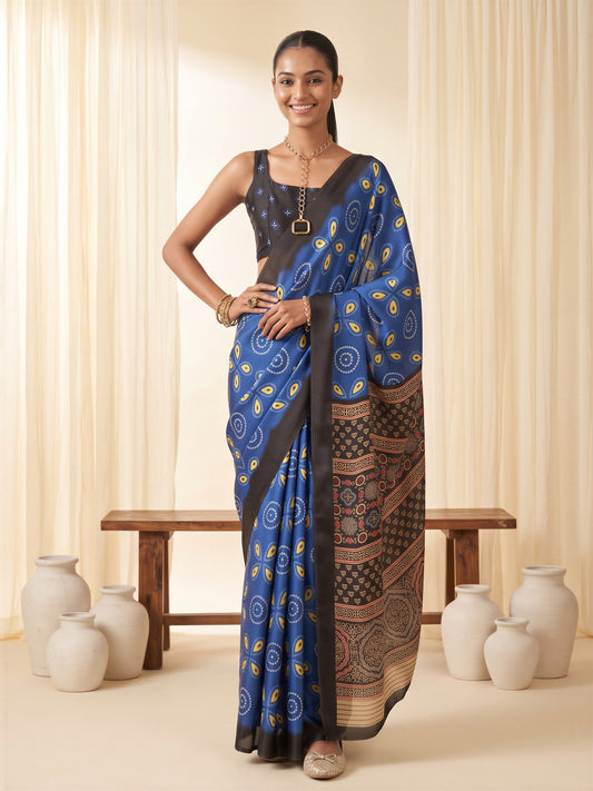 Woman wearing blue satin saree with bagh block-print motif work and black blouse
