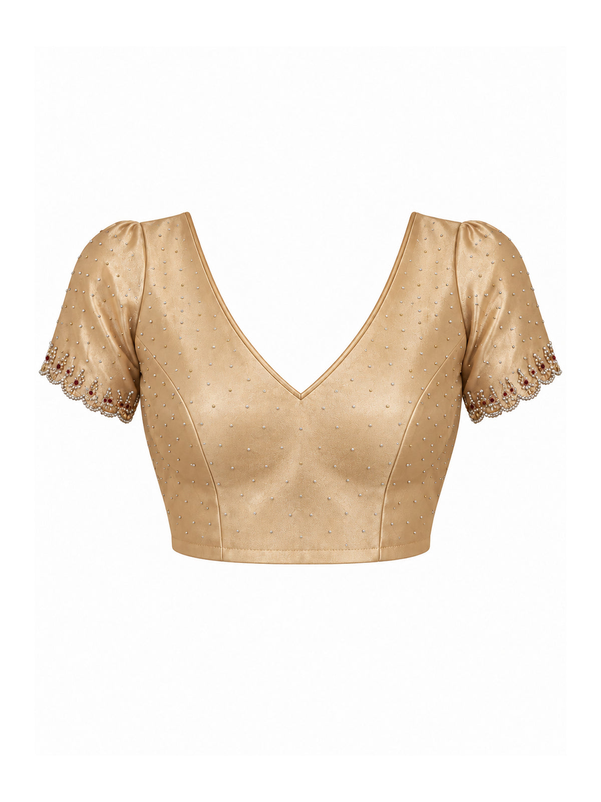 Unstitched champagne organza blouse piece with embellished design