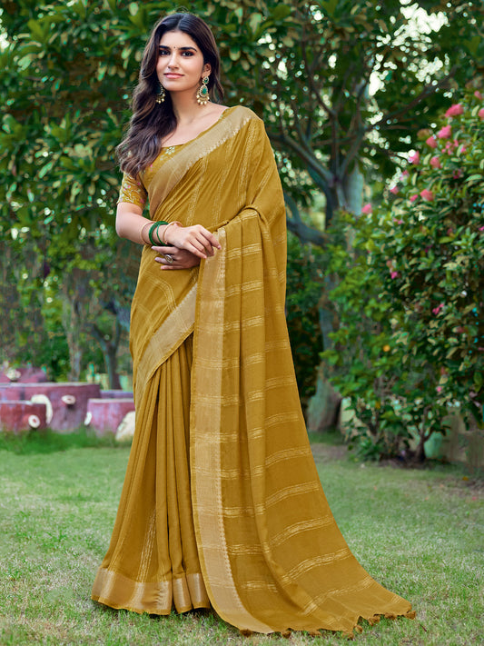 Woman wearing olive georgette saree with striped pattern design and olive blouse