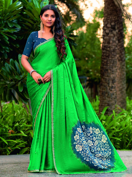 Teal Green embroidered chiffon saree with teal blue blouse piece
