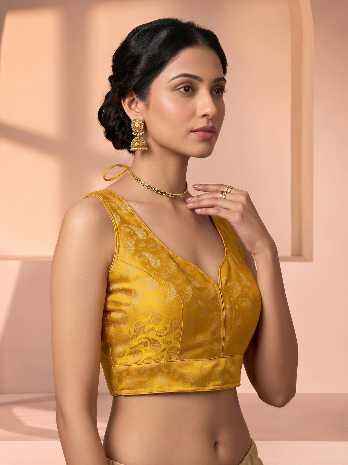 Mustard woven brocade silk blend sleeveless readymade saree blouse with v neck view 2