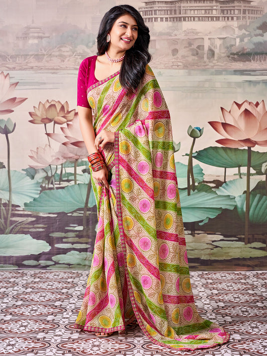 Woman wearing multicolored georgette saree with bandhani tie-dye dot work and pink blouse