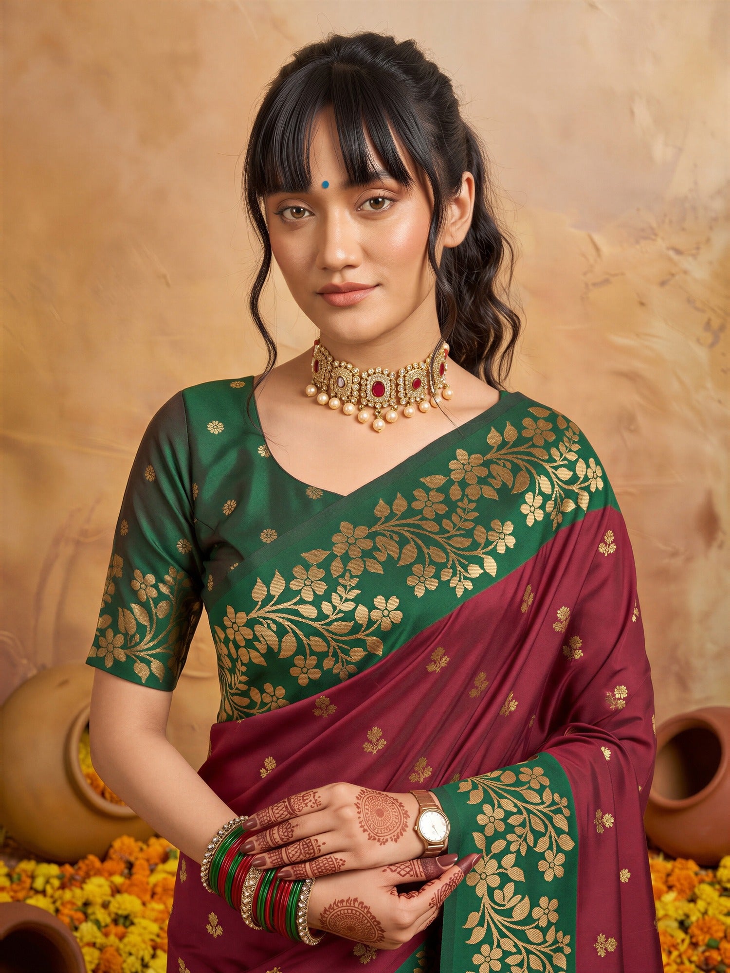 Maroon Cotton Blend saree – detail view 4