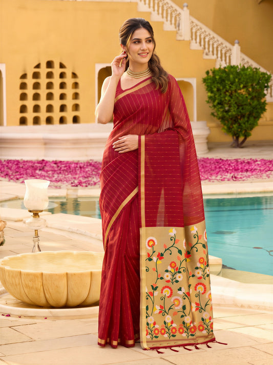 Maroon striped silk blend saree with maroon blouse piece