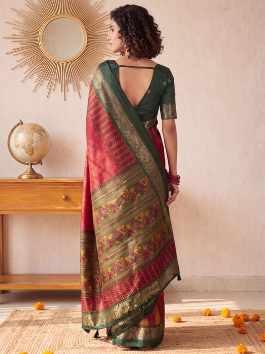 Red Tussar Silk saree – detail view 1