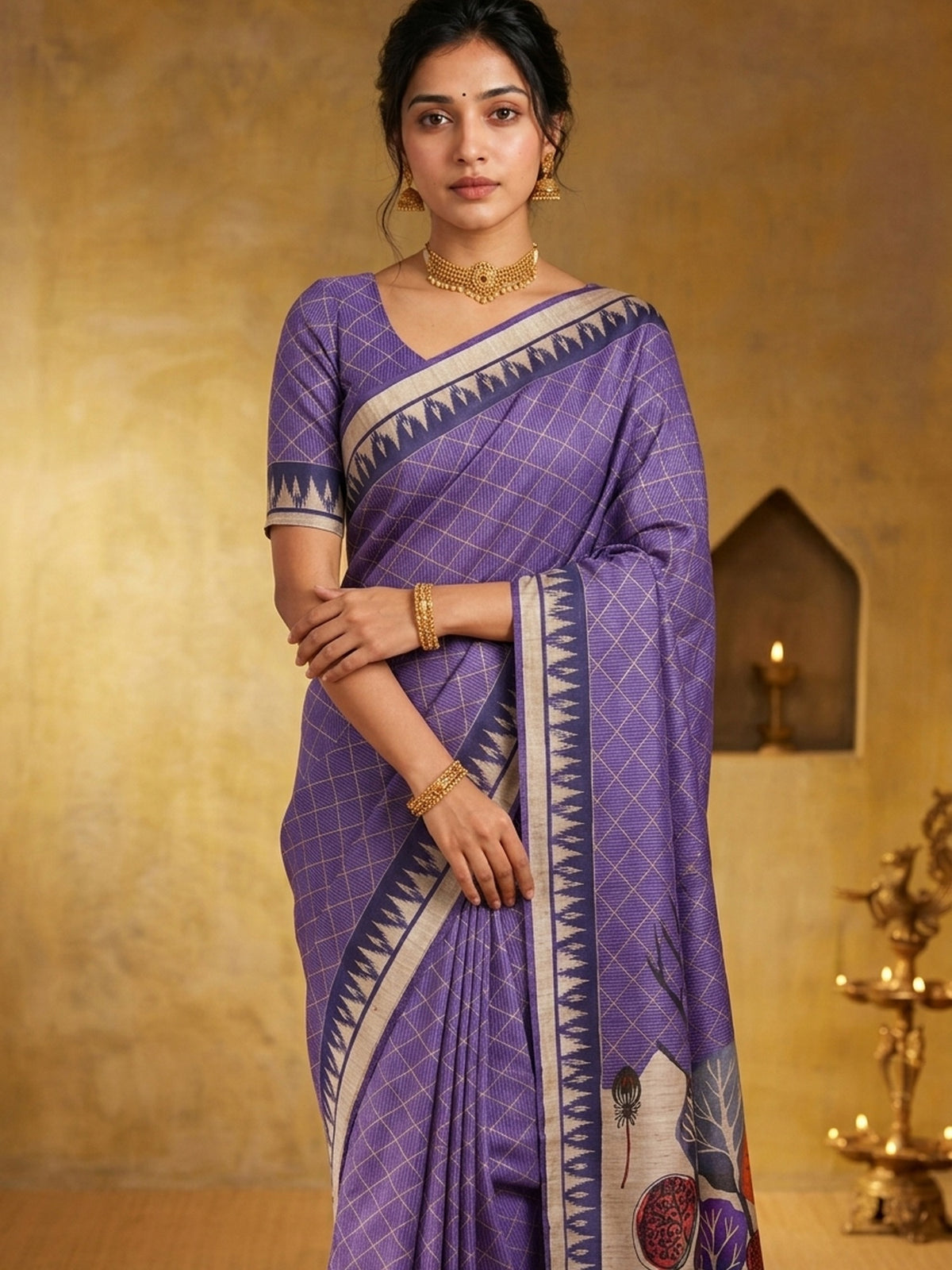 Purple soft silk saree view 1