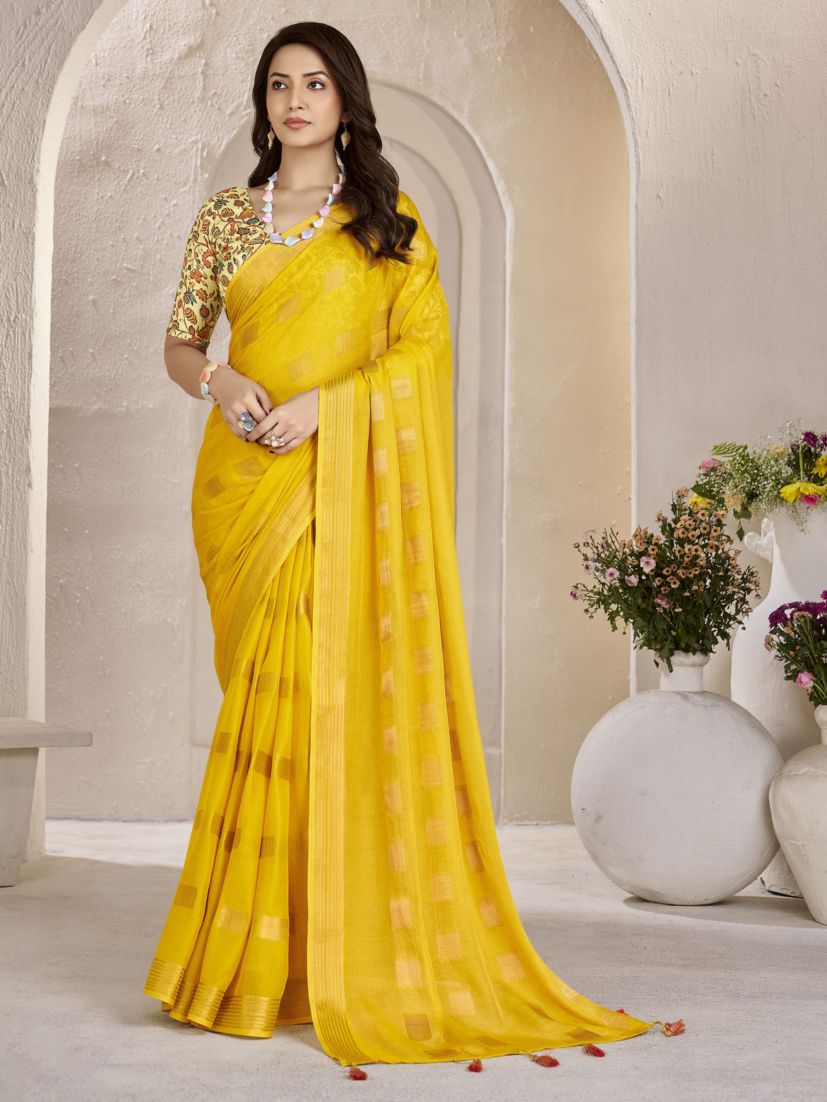Yellow zari butta georgette saree with yellow blouse piece