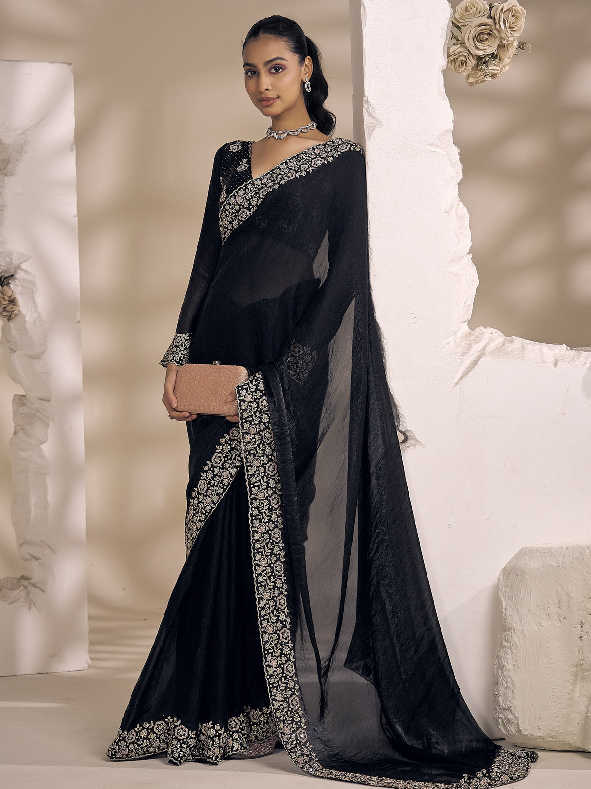 Black satin silk saree view 3
