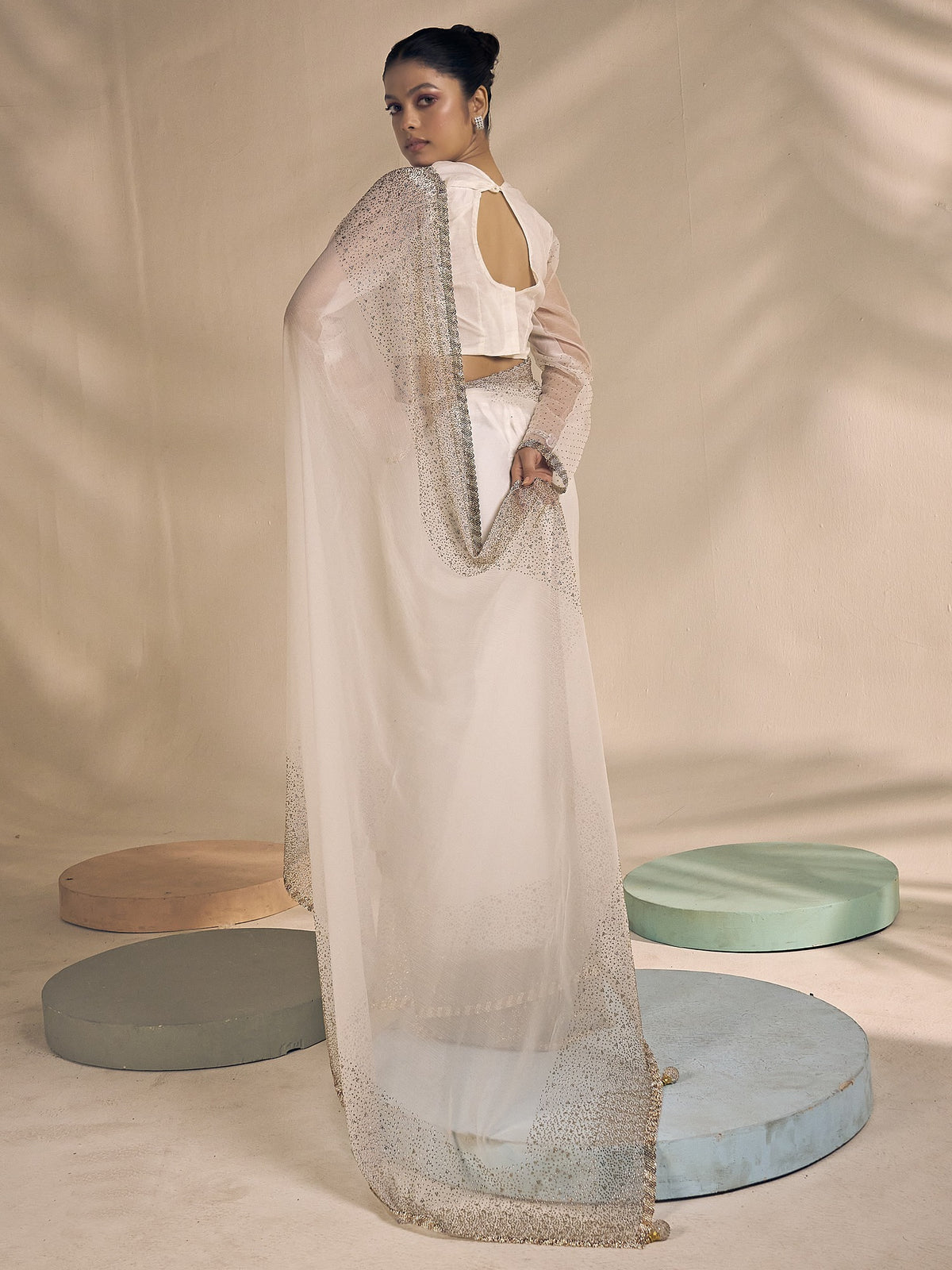 Off White chiffon saree view 2