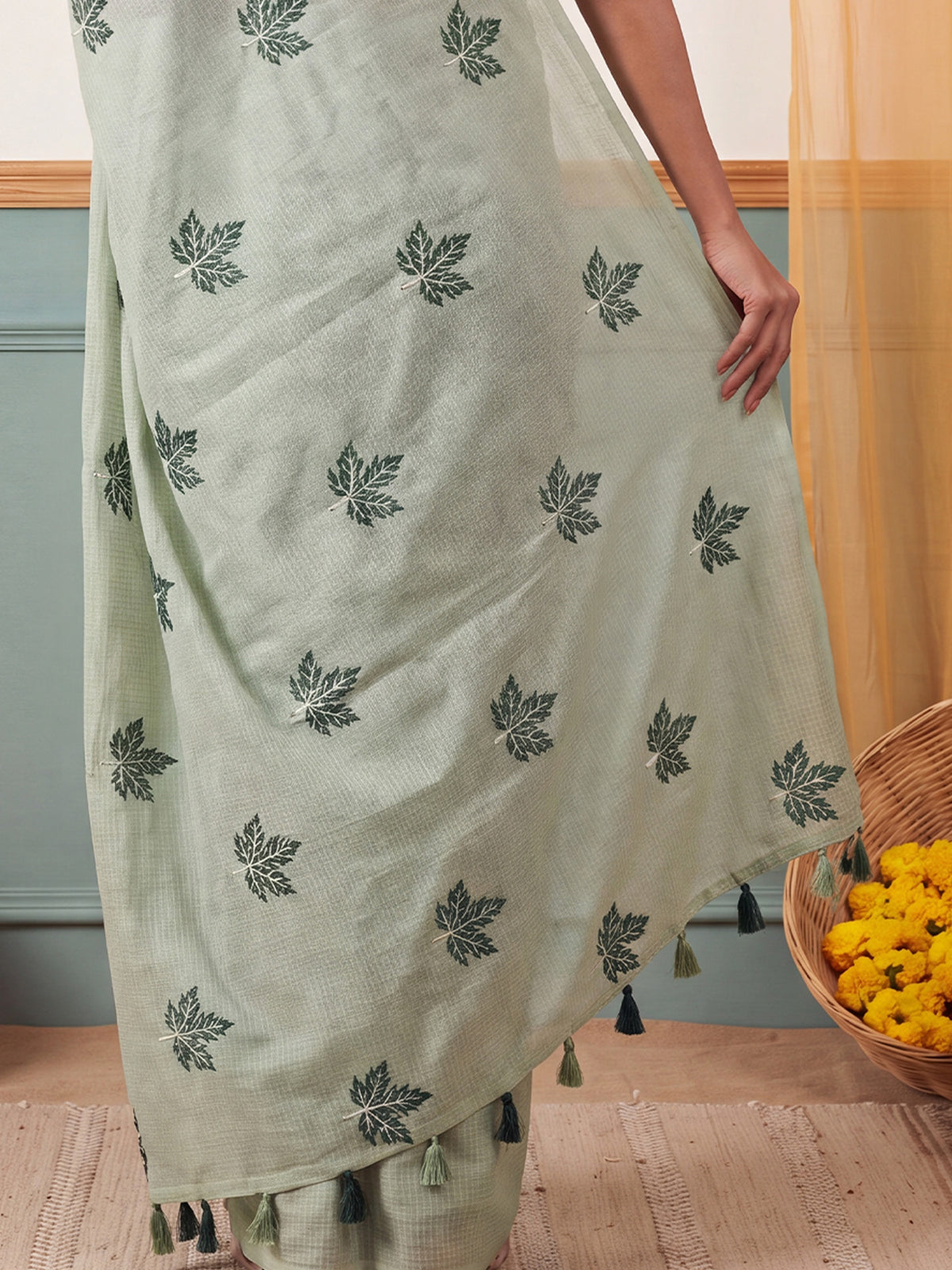 Mint Green Kota Doria Cotton saree – detail view 5