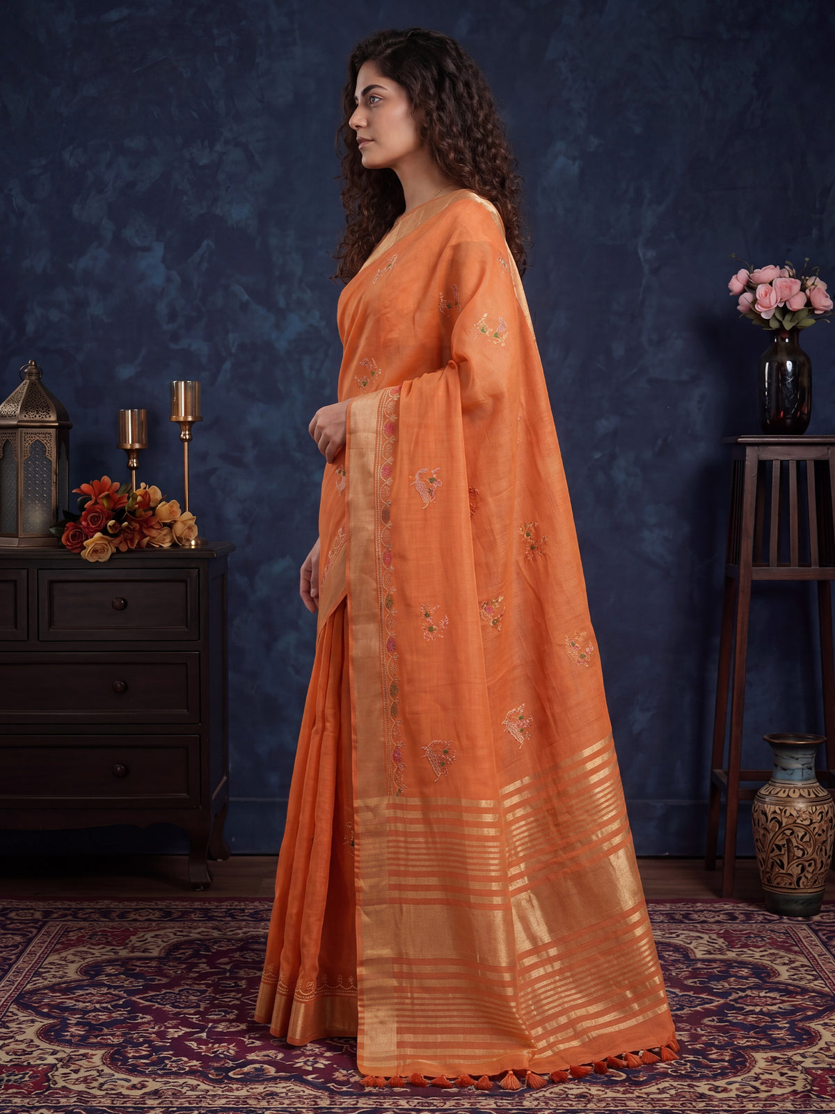Orange Cotton Linen saree – detail view 2