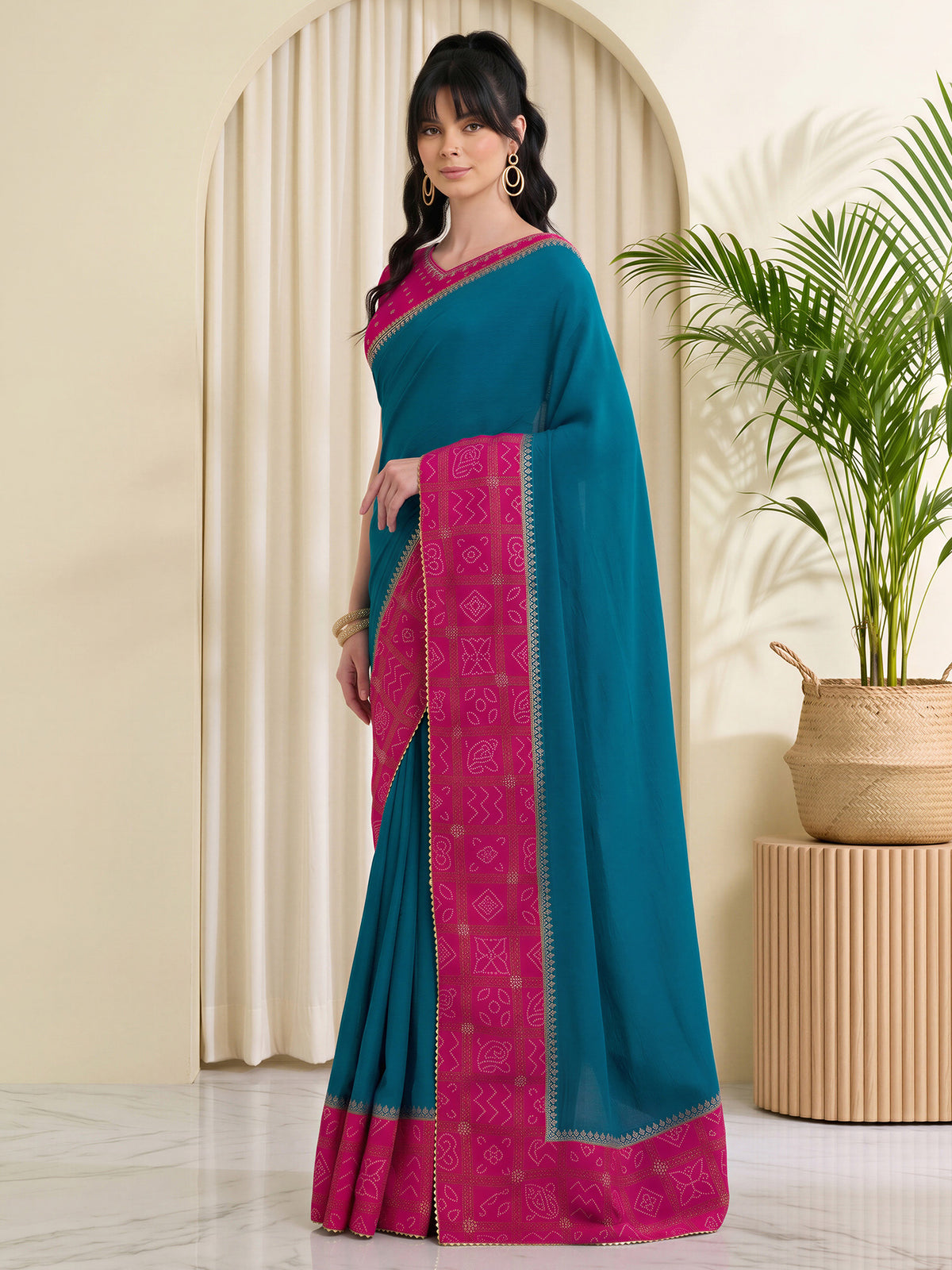 Teal Blue Vichitra Silk saree – detail view 2
