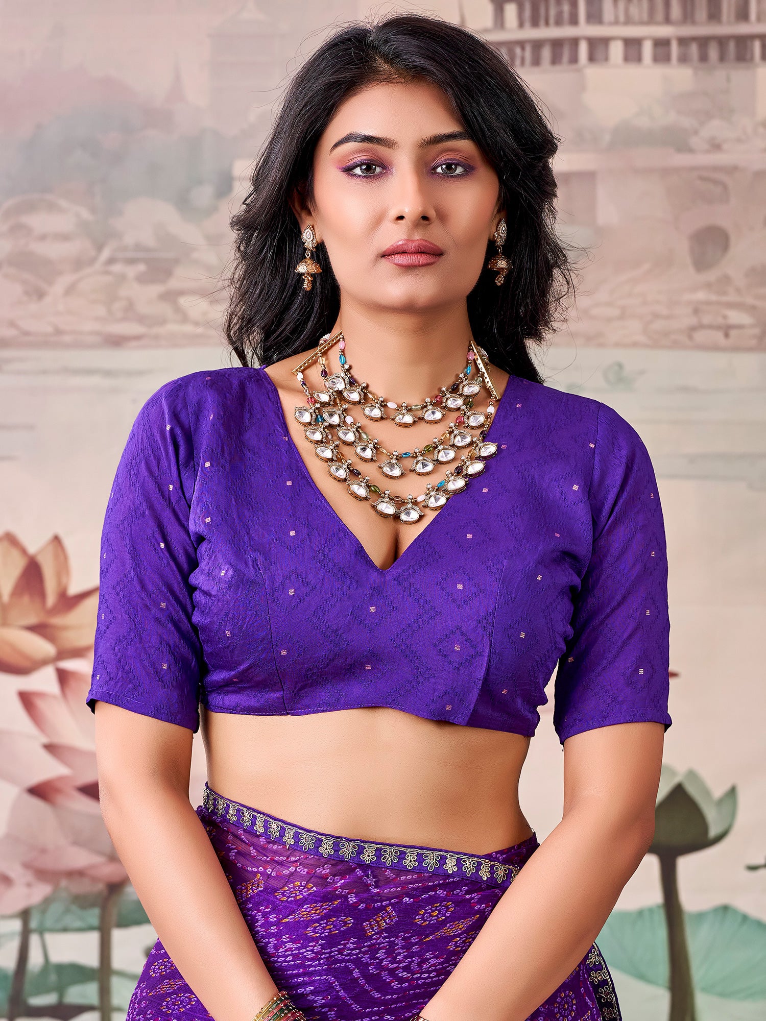 Unstitched purple georgette blouse piece with zari butta design