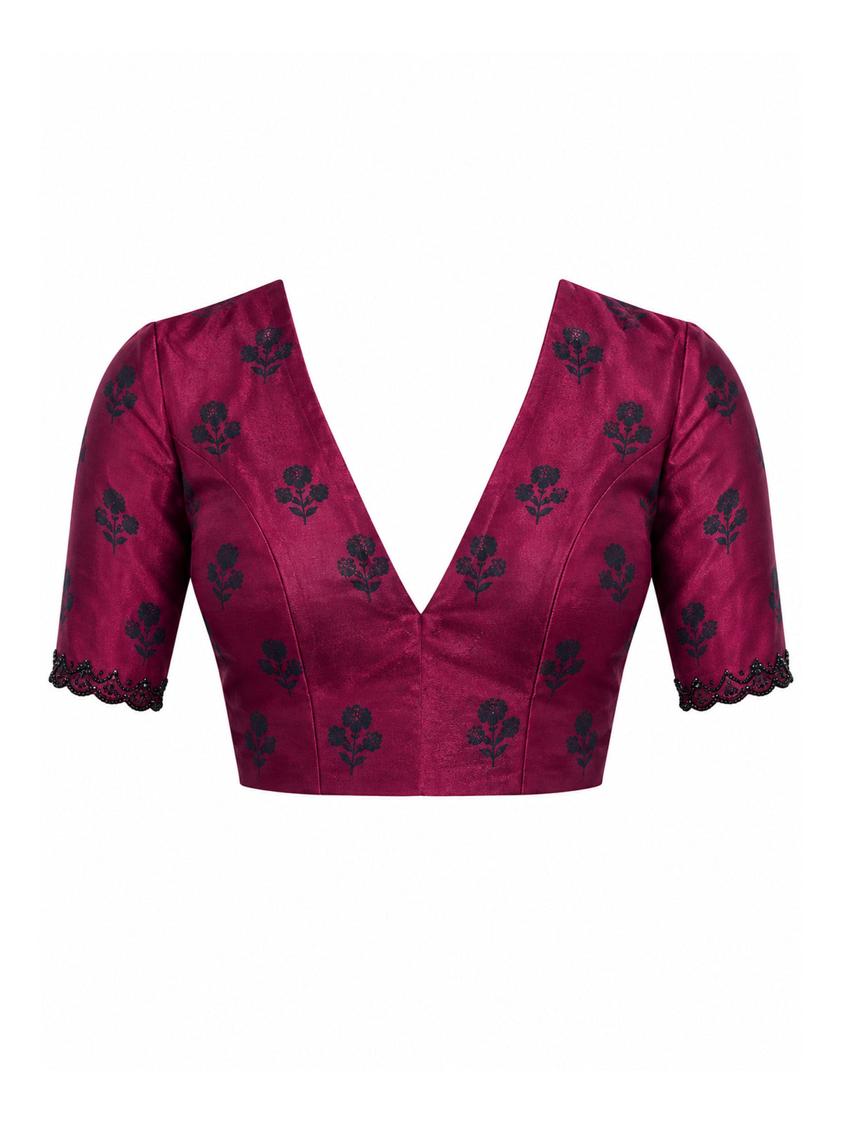 Unstitched magenta satin silk blouse piece with embellished design
