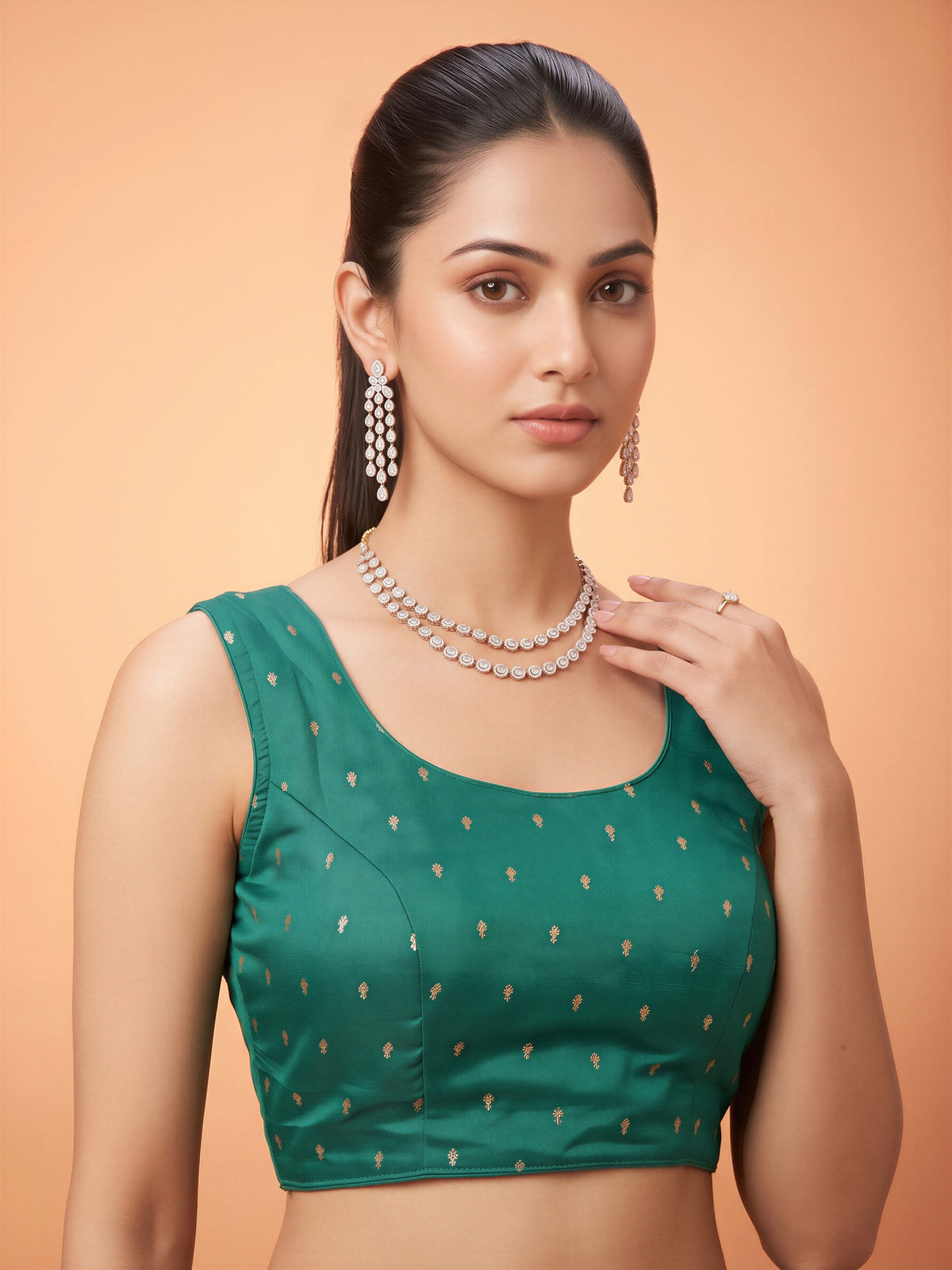 Teal Blue sequin embellished silk blend sleeveless readymade saree blouse with round neck view 3