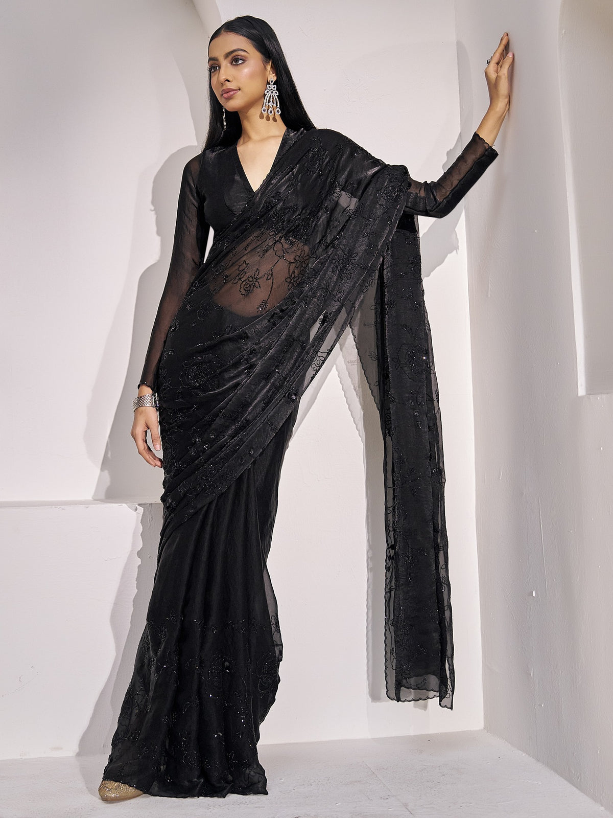 Black satin silk saree view 3