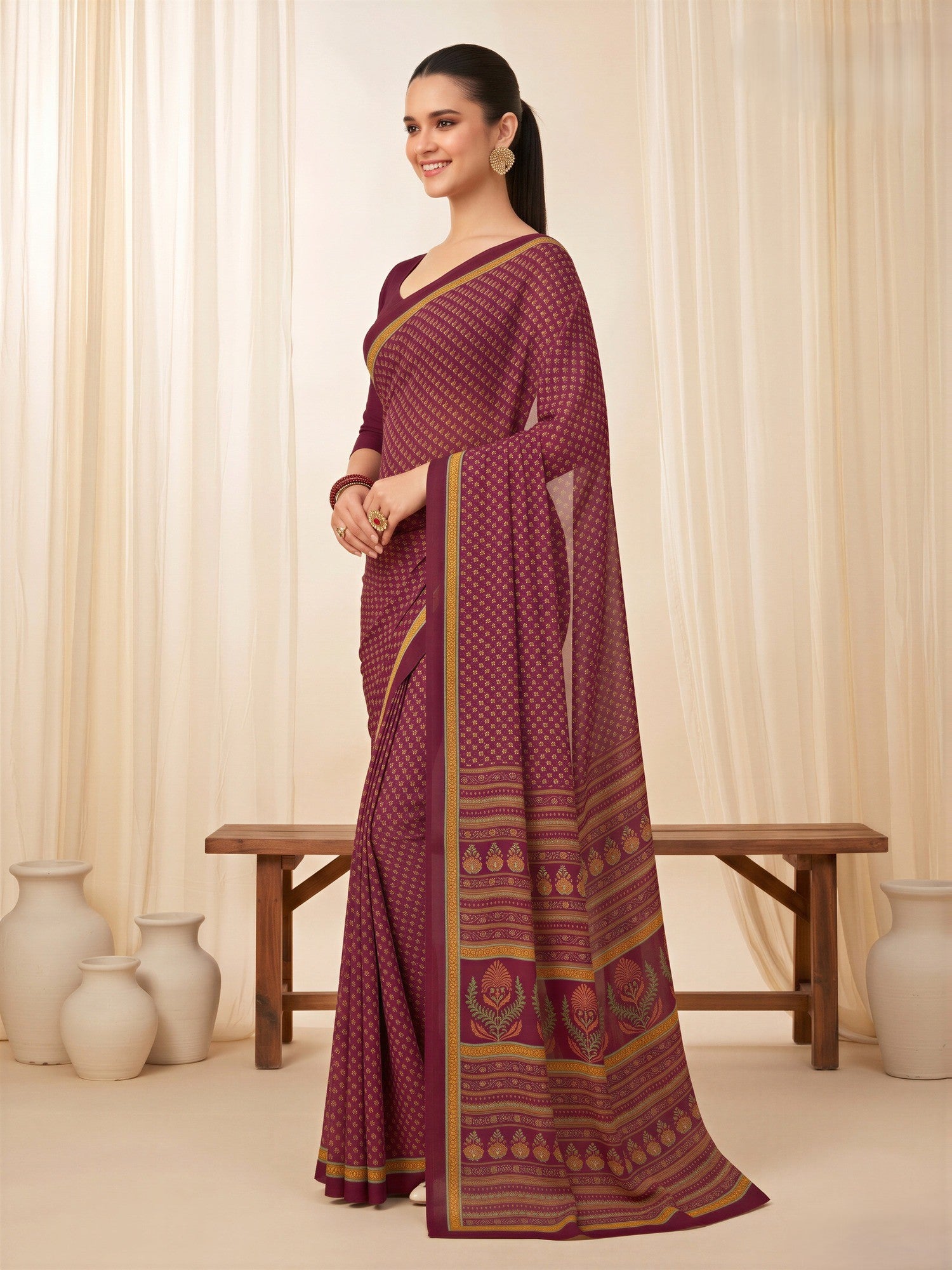 Magenta Crepe saree – detail view 2
