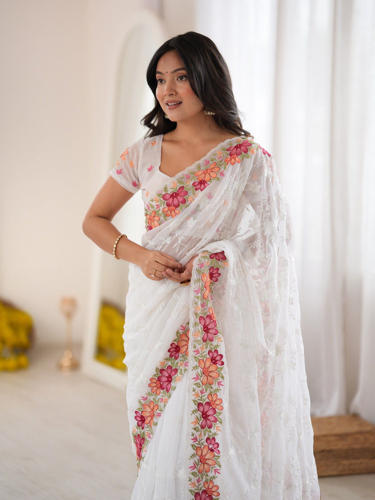 White Georgette saree – detail view 1